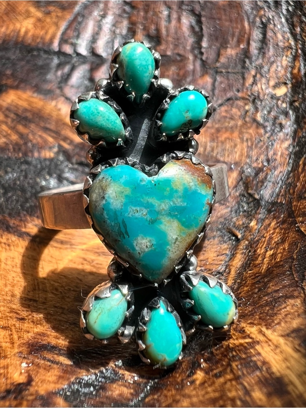 Sterling Silver Kingman Turquoise Heart Cluster Ring Size 10.5 Adjustable